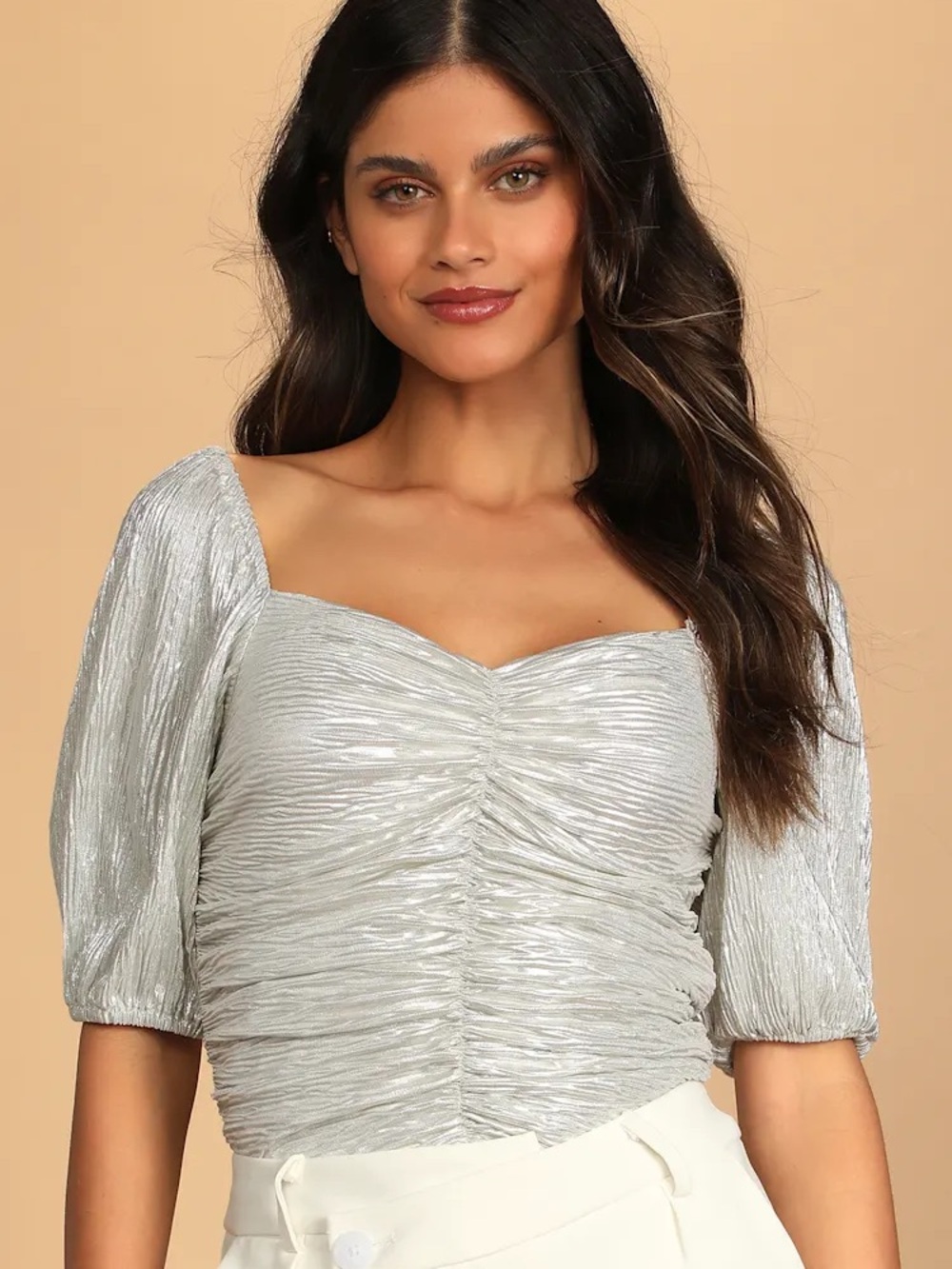 Lulus Ruched Silver Puff-Sleeve Women's Top